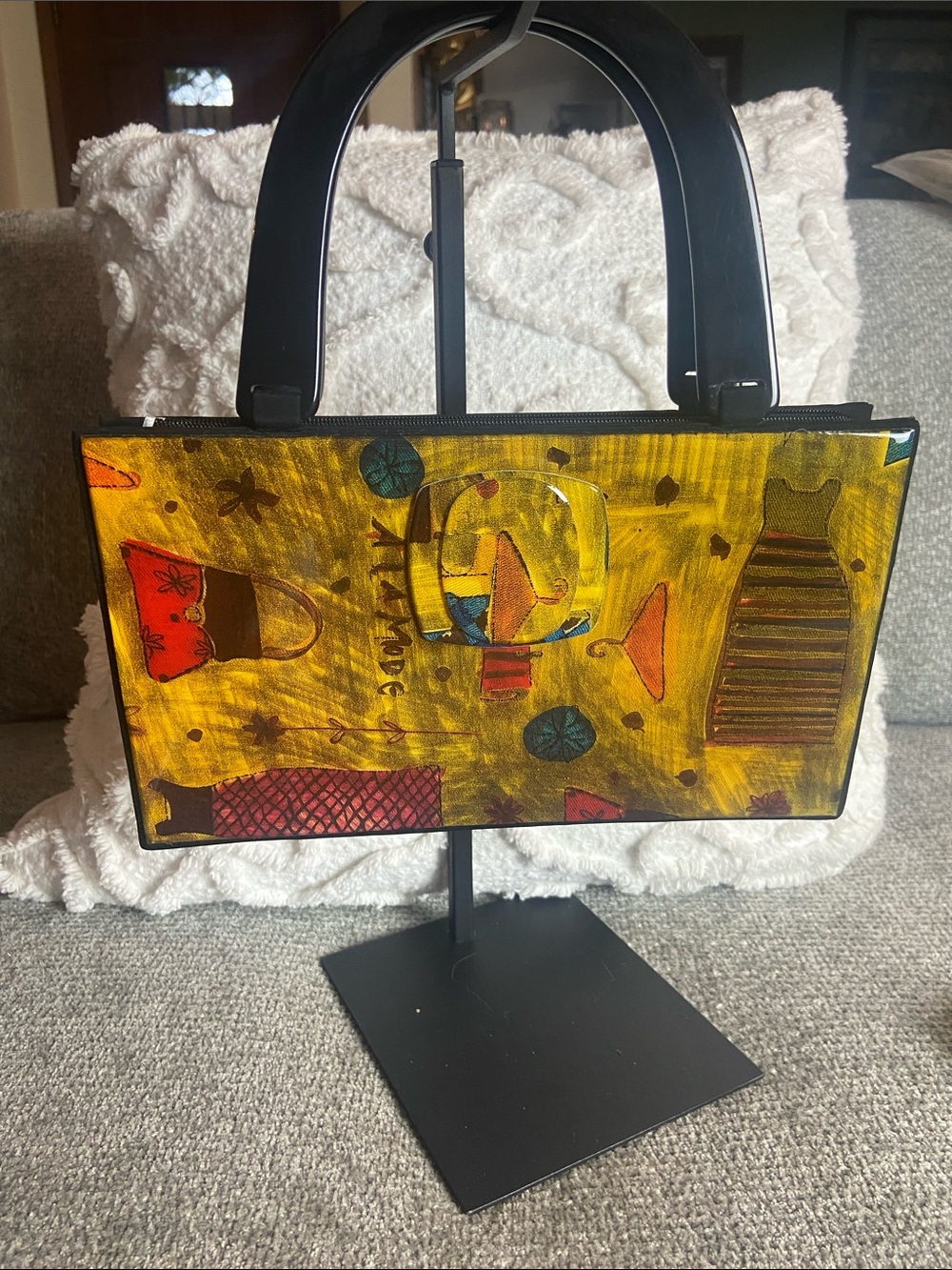 Angela Frascone Resin Yellow Printed Mini Handbag with Black Handles